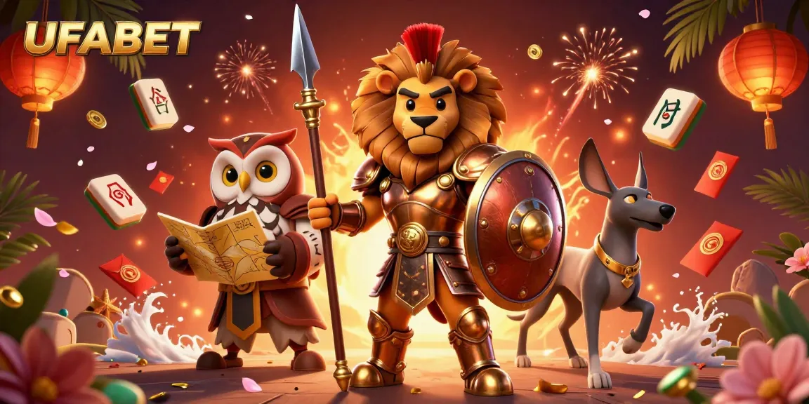 Win big at UFABET with a vibrant scene featuring a lion warrior, strategist owl, and messenger greyhound.