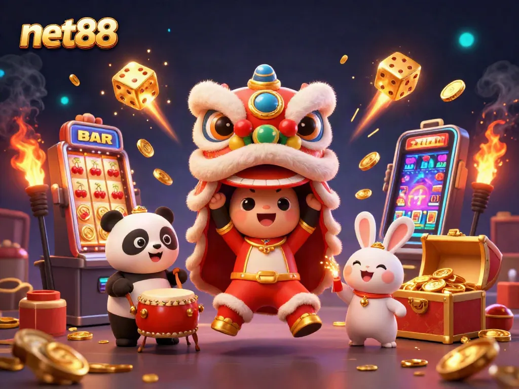 Experience net88 online casino excitement with a lion dance, jackpot slots, and festive characters.