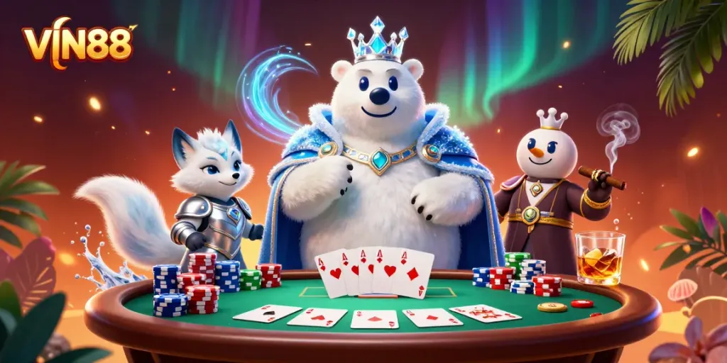 Experience the excitement of VIN88 poker with an ultra-detailed 3D scene featuring playful characters and vibrant casino elements.