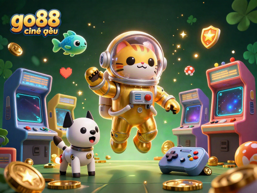Engage with go88 chính thức in a vibrant 3D digital casino scene filled with game elements and colorful characters.