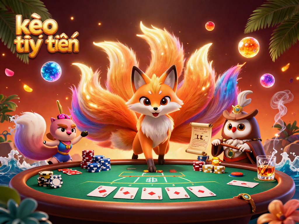 Engage in kèo trực tuyến with vibrant spirits and poker elements in a dynamic casino illustration.