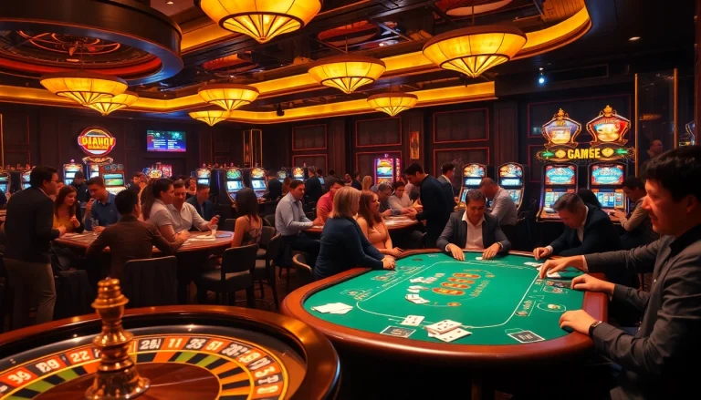 Experience game bài đổi thưởng at a lively poker table in a vibrant casino atmosphere.