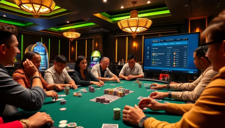 Enthusiastic players at bj88b.com enjoy a high-stakes poker game in an upscale casino setting.