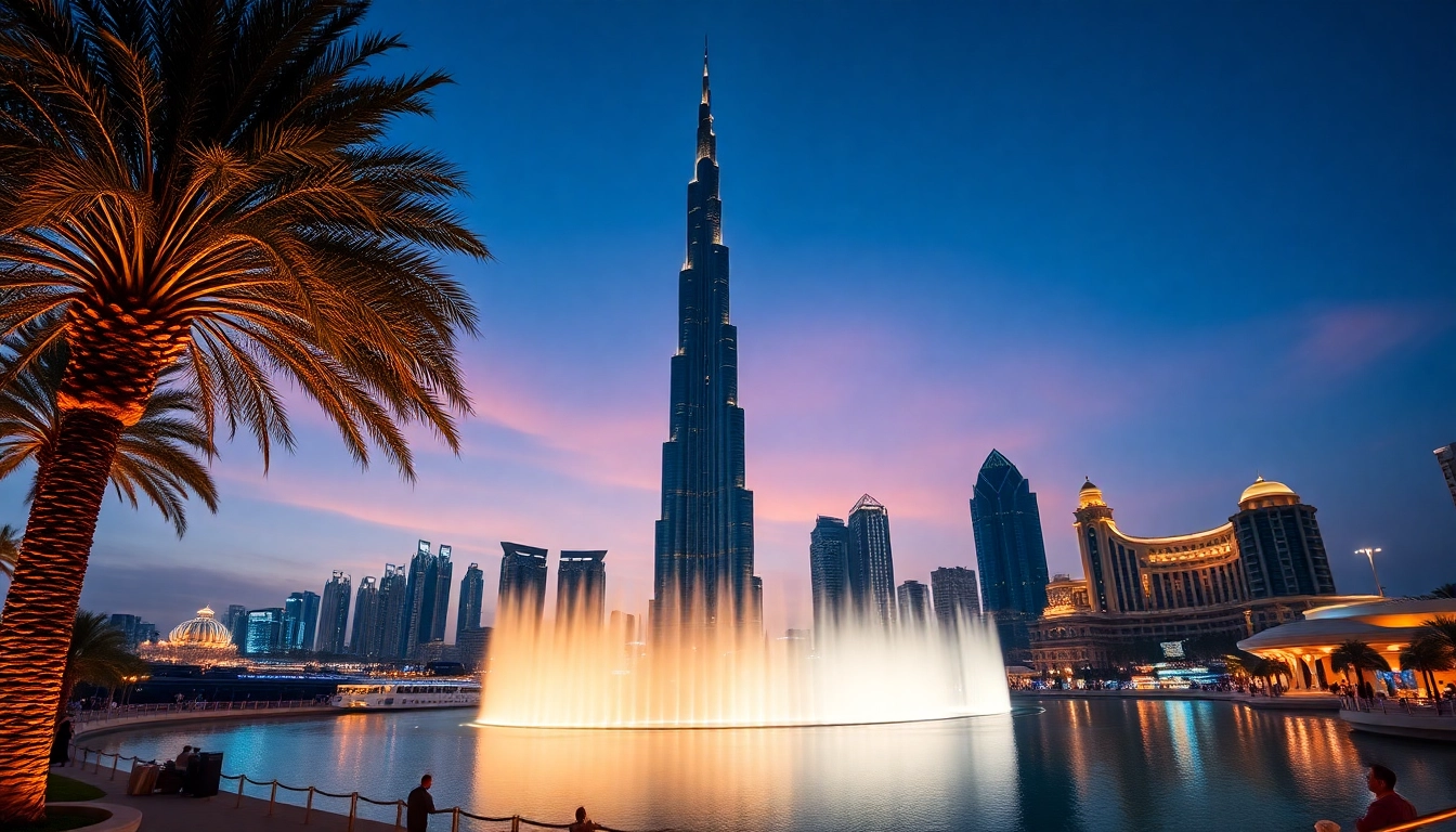 Experience the breathtaking skyline during your travel to Dubai, featuring the iconic Burj Khalifa and illuminated fountains.