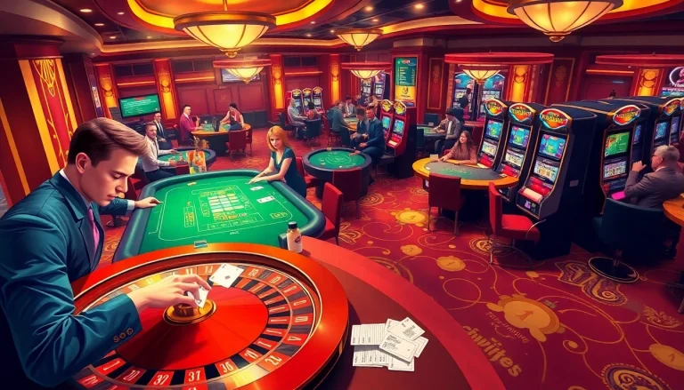 Exciting casino atmosphere at https://sbobet102.com/ with players at roulette, slots, and poker tables.