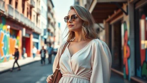 Glamorous woman fashion look showcasing elegant dresses and accessories in a vibrant city setting.