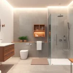 Stunning modern bathroom designed by expert bathroom fitters, featuring sleek fixtures and warm lighting.