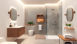 Stunning modern bathroom designed by expert bathroom fitters, featuring sleek fixtures and warm lighting.