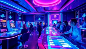Explore New Technology innovations in a vibrant casino setting with holographic games and happy players.