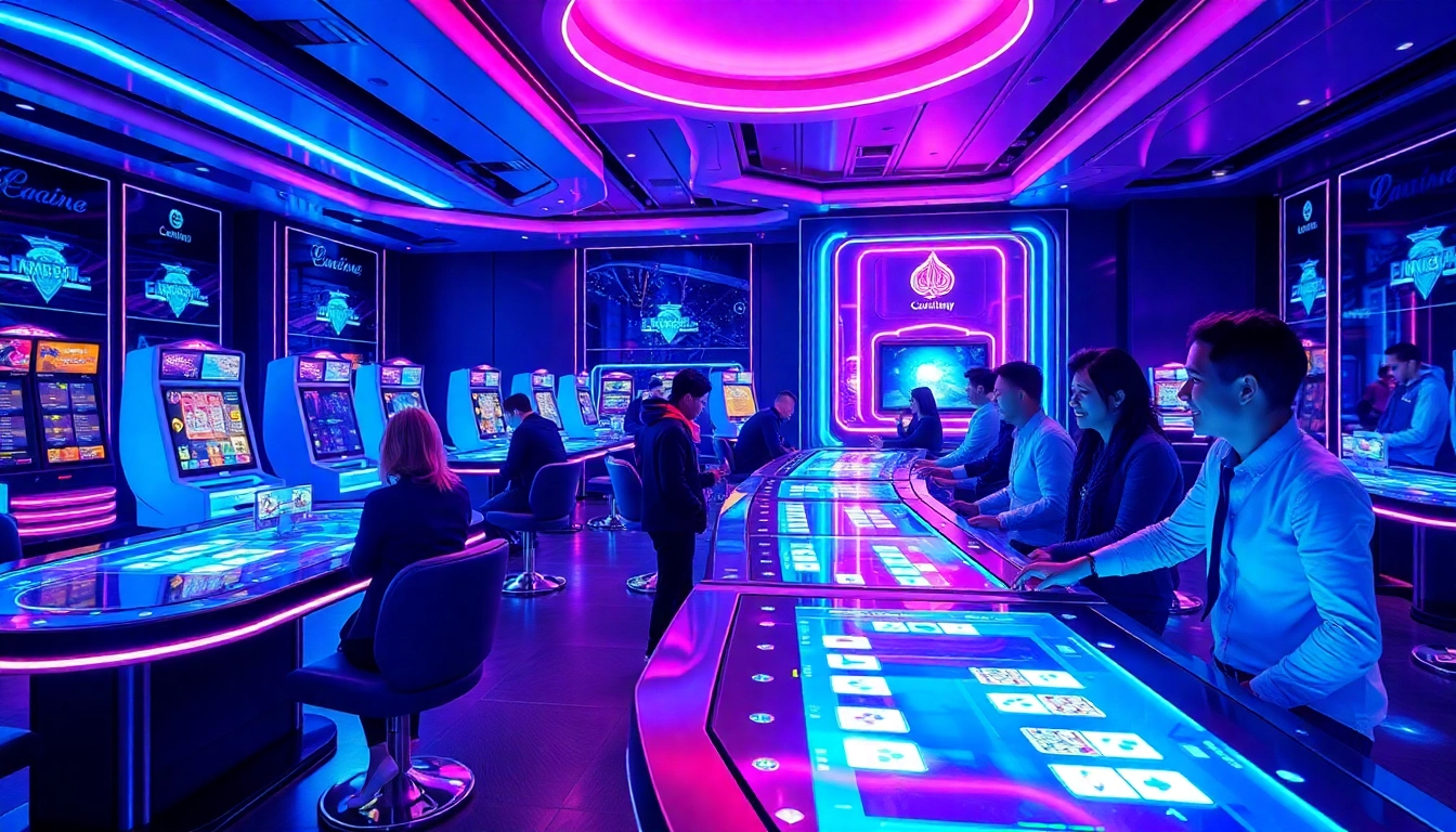 Explore New Technology innovations in a vibrant casino setting with holographic games and happy players.