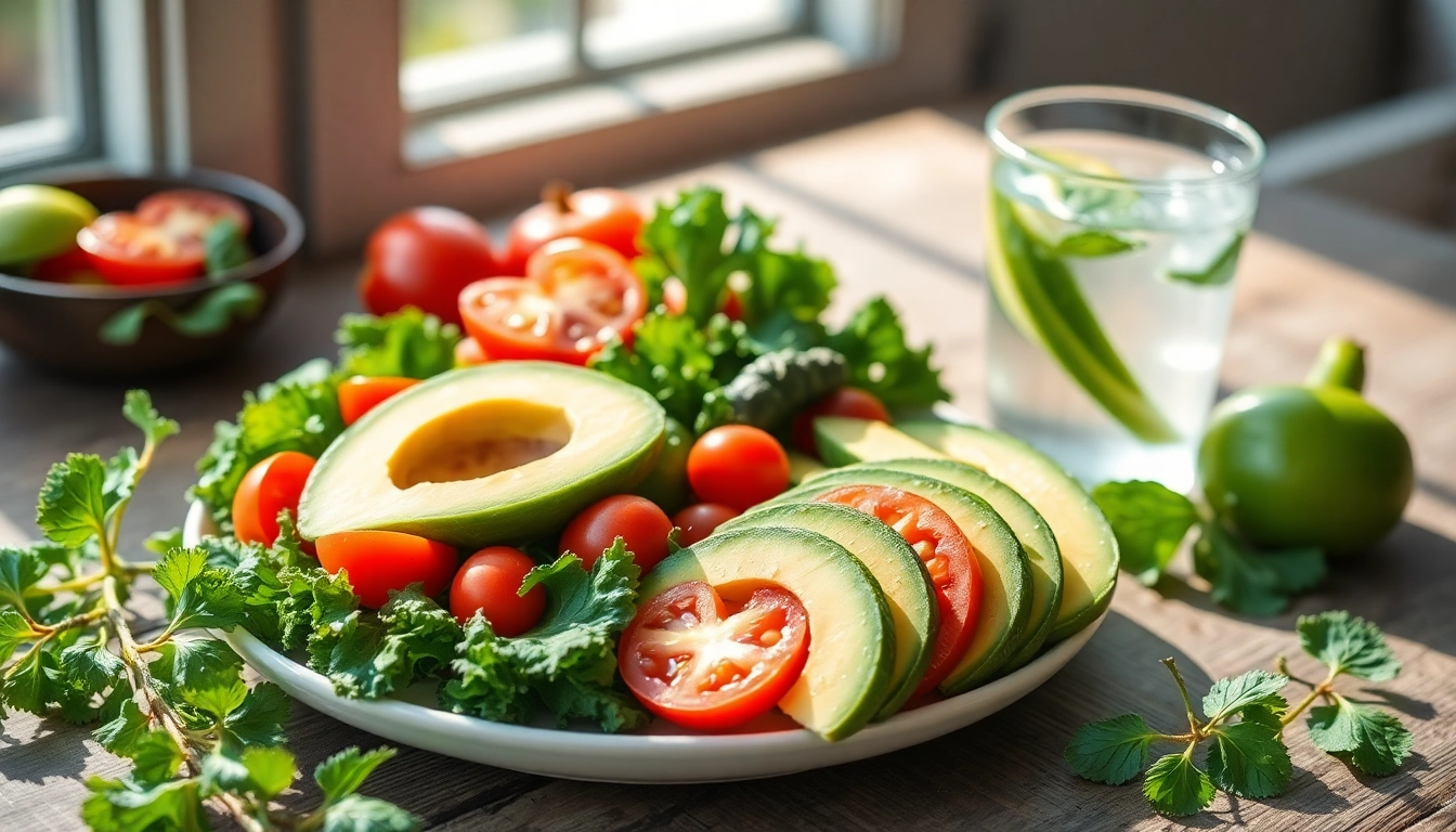 Beautifully arranged healthy food plate featuring fresh fruits and vegetables.