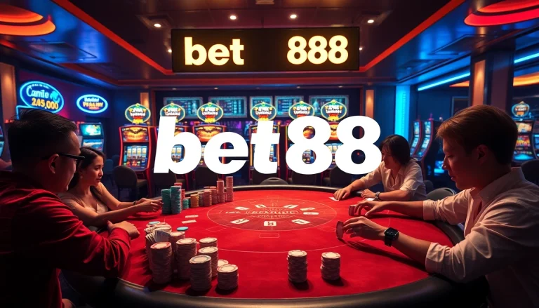 Players strategizing at a poker table with vibrant chips, embodying the excitement of bet888 gambling.
