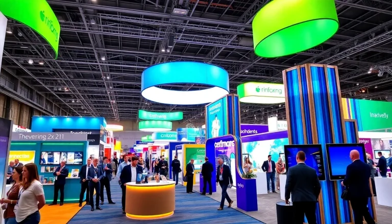 Exhibition stands by exhibition stand builders Birmingham showcasing vibrant designs at a trade show.