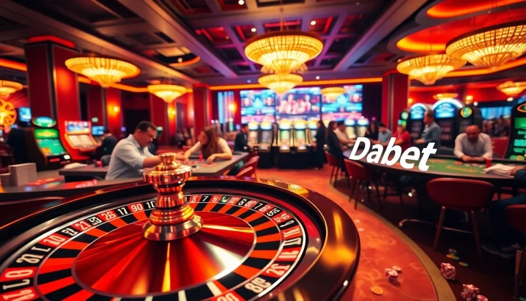 Dabet offers thrilling experiences at casino tables, showcasing intense players and vibrant gaming elements.