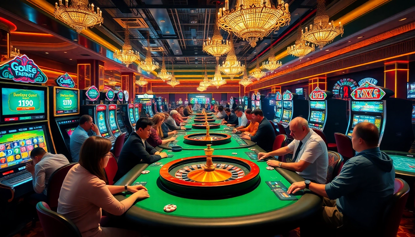 A lively casino scene featuring sbobet games including poker, roulette, and slots, highlighting the thrill of gambling.