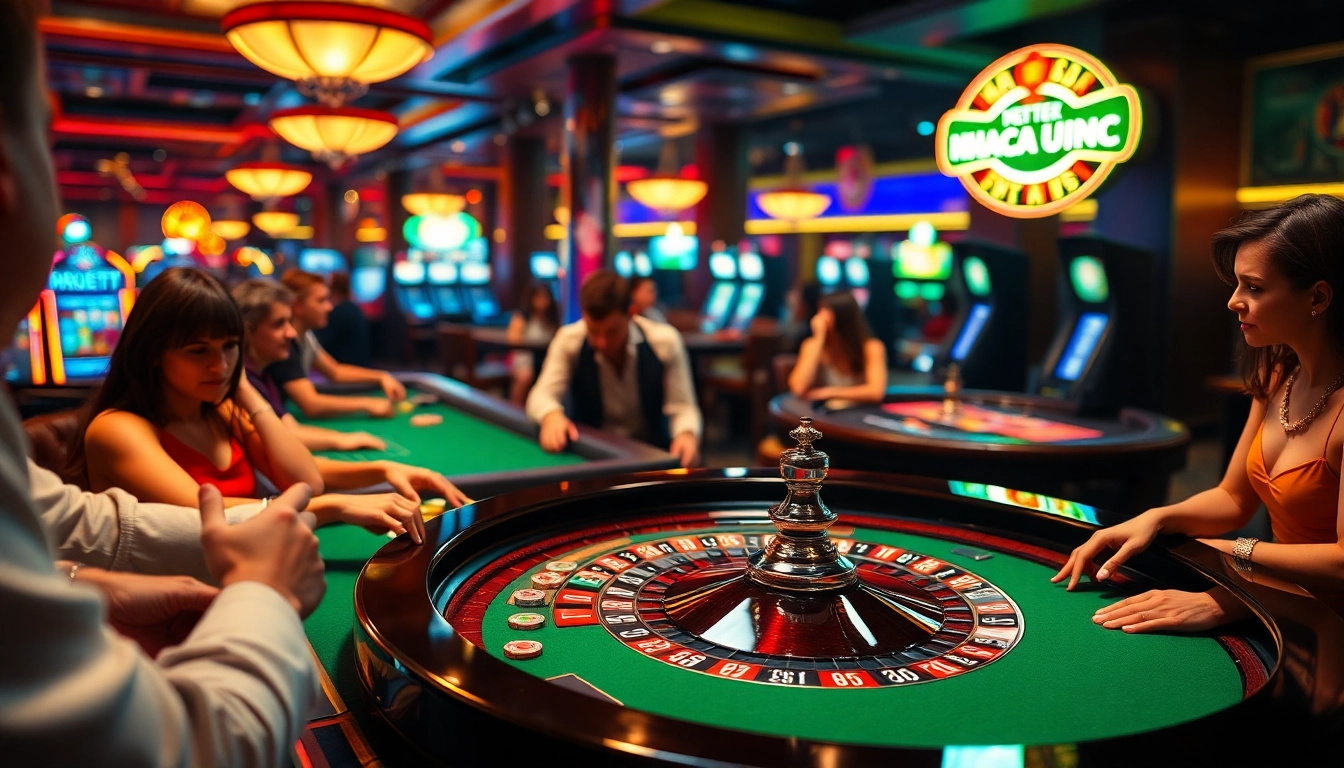 Experience the thrill of betting at https://nhacaiuytin.place/, showing players engaged at a vibrant roulette table.