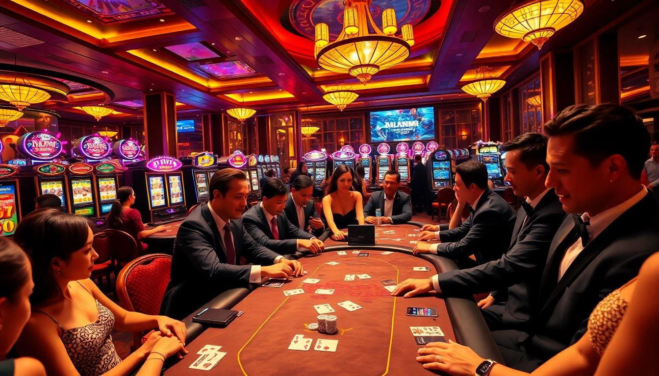 Experience the thrill of gambling at 69VN with players at a high-stakes poker table surrounded by vibrant slot machines.
