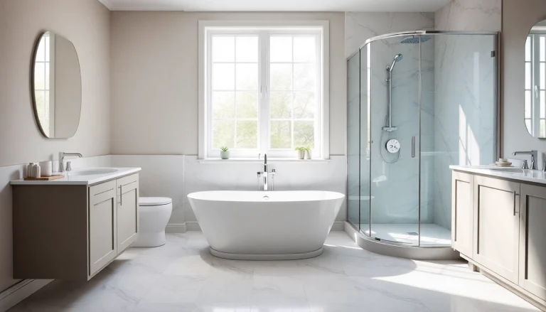 A luxurious bathroom designed by expert bathroom fitters, featuring a modern freestanding tub and stylish finishes.