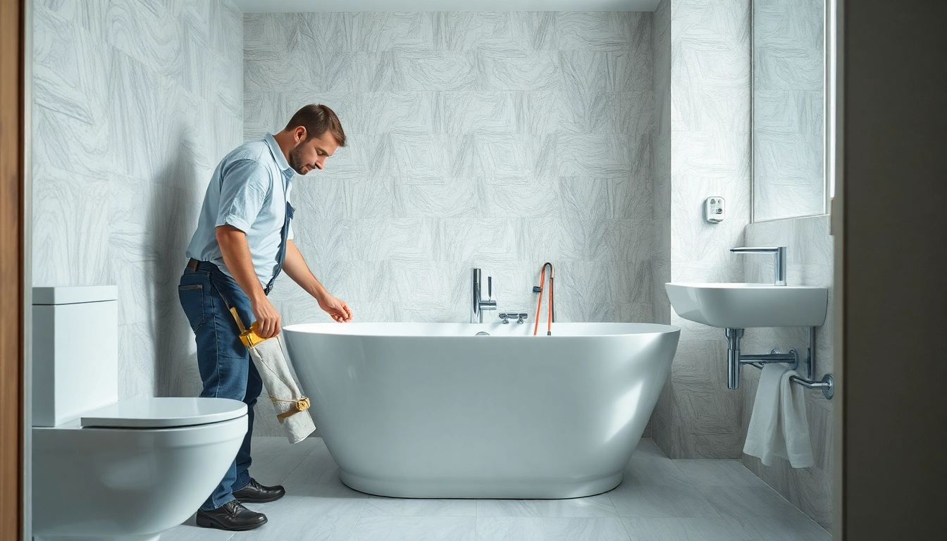 Bathroom fitters expertly installing a modern bathtub in a stylish renovation project.
