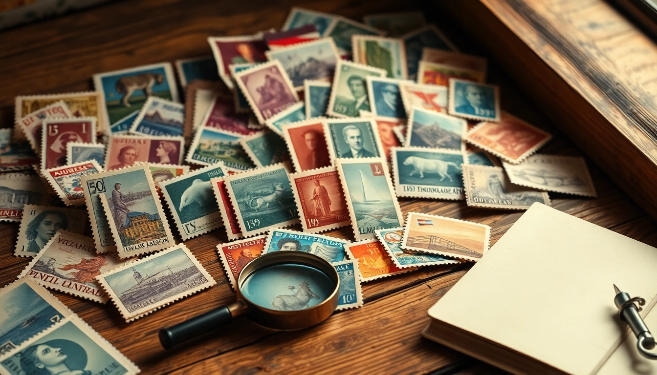 Explore various cheap postage stamps displayed artistically on a vintage wooden table.