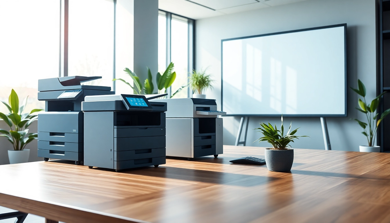 Modern office machines including a multifunction printer and digital whiteboard enhancing workplace productivity.