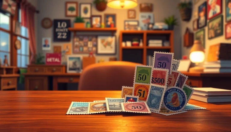 Discover vibrant discount stamps displayed on a rustic desk, showcasing unique designs and colorful denominations.