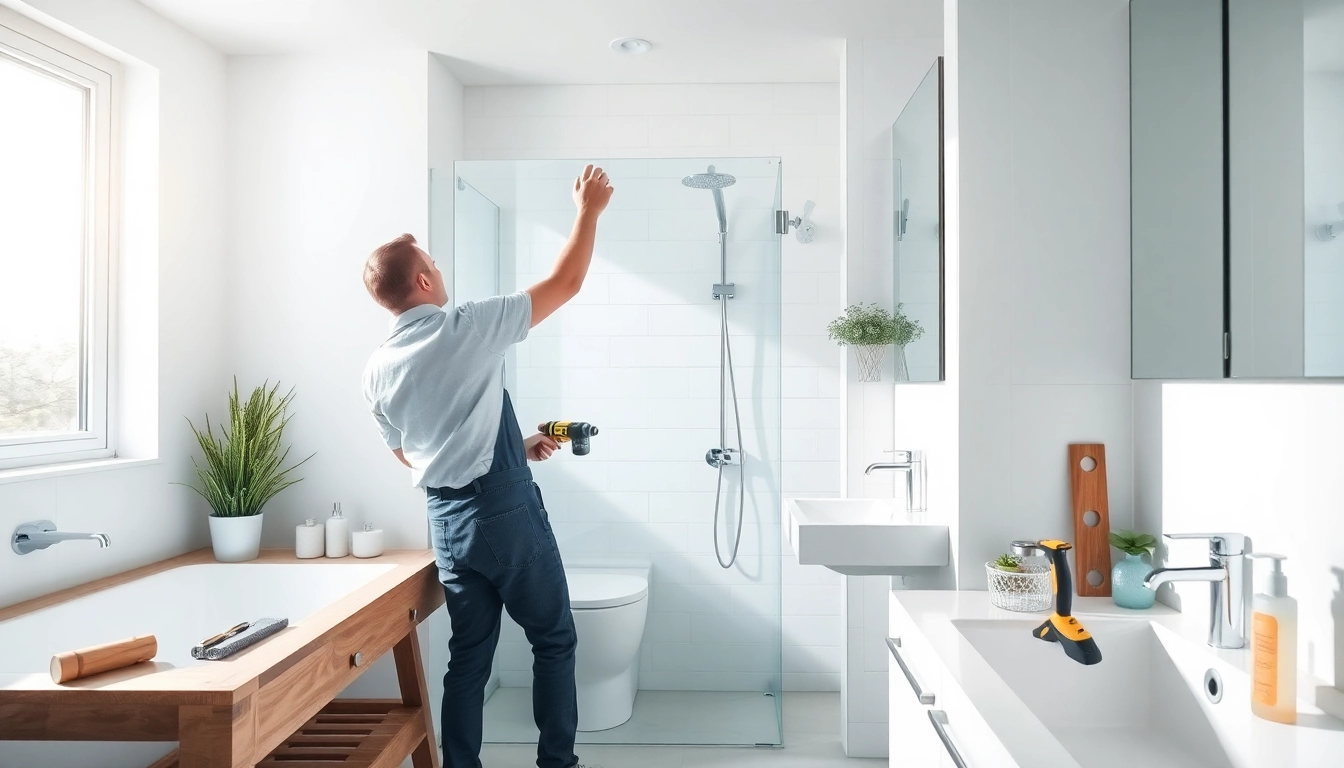 Professional bathroom fitters skillfully renovating a modern bathroom, showcasing tools and fresh design elements.