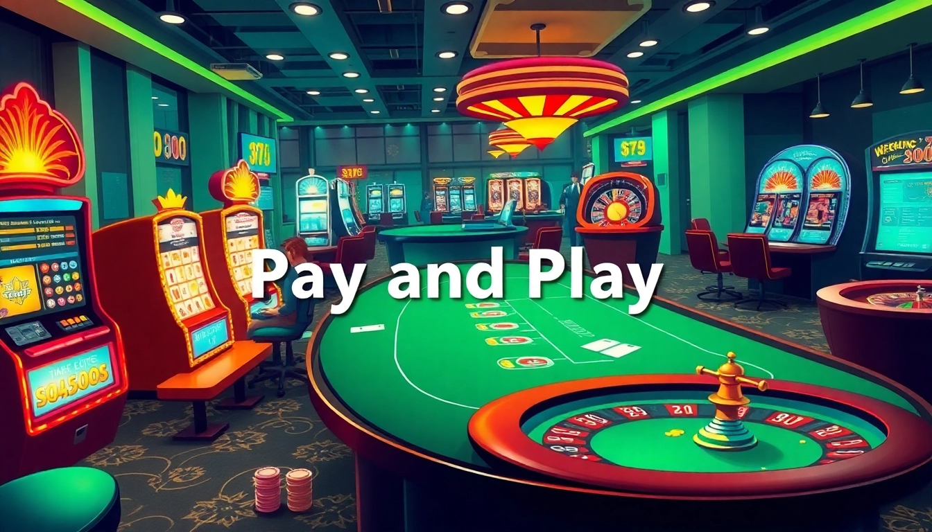 Engage in thrilling gameplay at a Pay and Play casino with vibrant slot machines and poker tables.