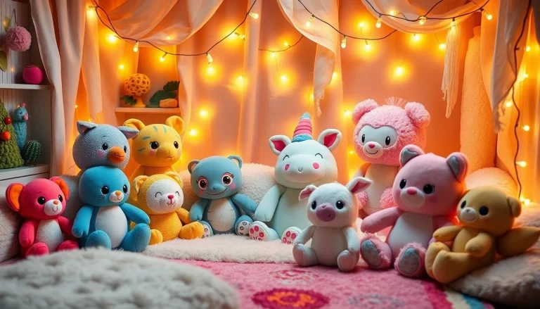 Showcase a diverse collection of custom plushies in a whimsical, cozy setting.