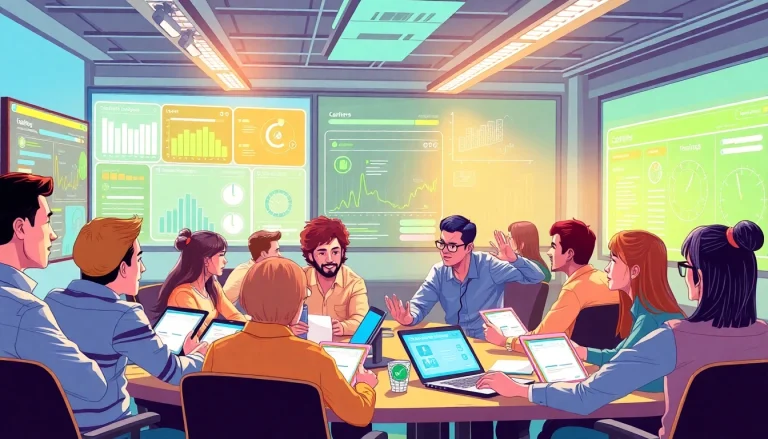 Employees engaging in training gamification activities with interactive elements and leaderboards.