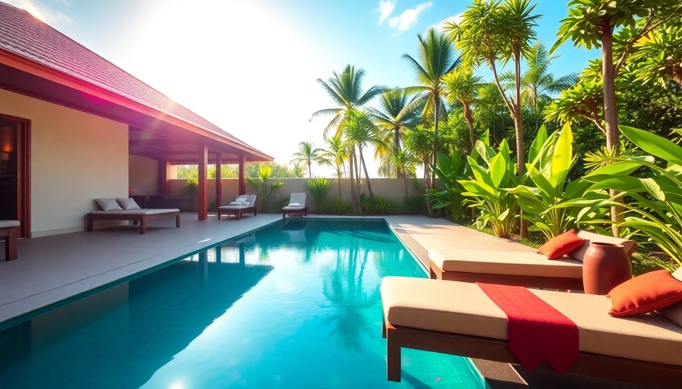 Beautiful tropical villa showcasing property management in Phuket with vibrant gardens and clear skies.