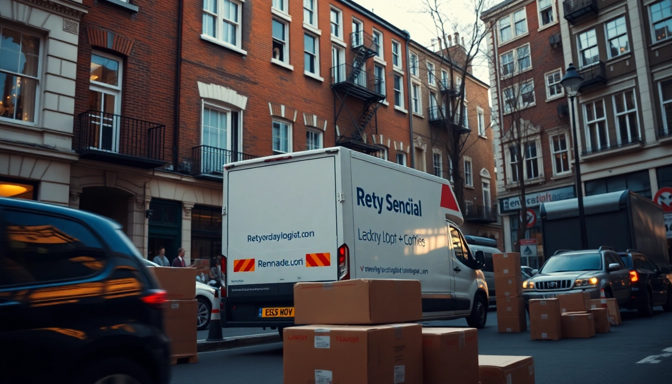 Removal Company London provides efficient house moving services with a well-branded van in a bustling city.