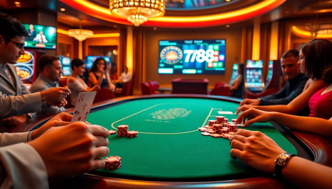 Engaging players enjoy a thrilling game at TV88's online casino table, surrounded by vibrant colors and excitement.