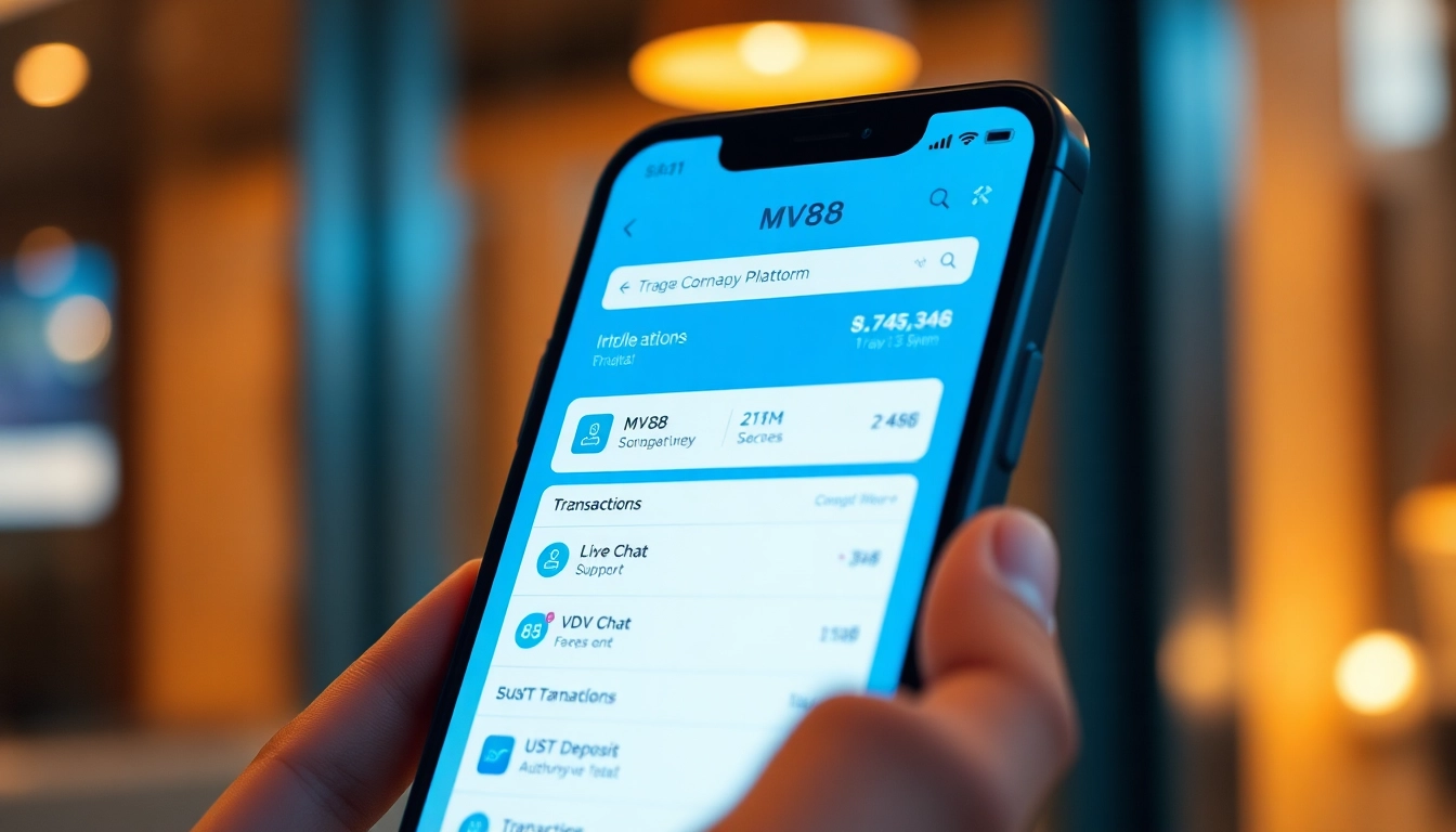 MV88 app interface showcasing secure USDT transactions and user support features.