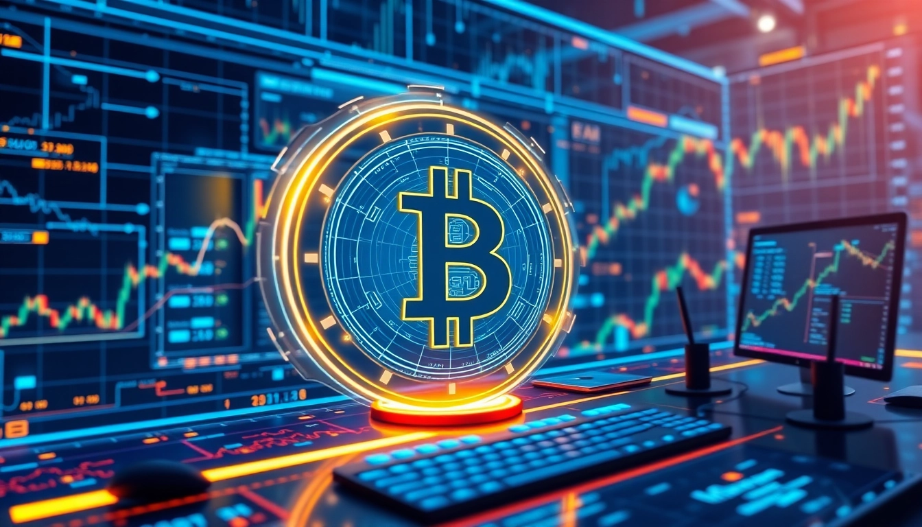 Bit coin symbol depicted in a futuristic trading interface showcasing real-time blockchain analytics and wallet security.