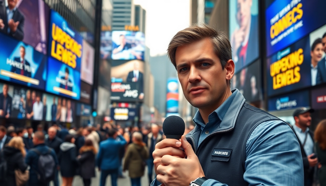 Journalist reporting breaking news UK amidst city crowds, capturing urgency and engagement.