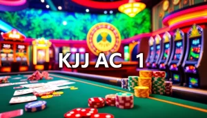 "KJC AC 1 themed vibrant casino scene with tables, cards, and roulette wheel"