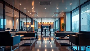 Corporate law firm lawyers engaging with clients in a modern office setting, fostering partnerships.