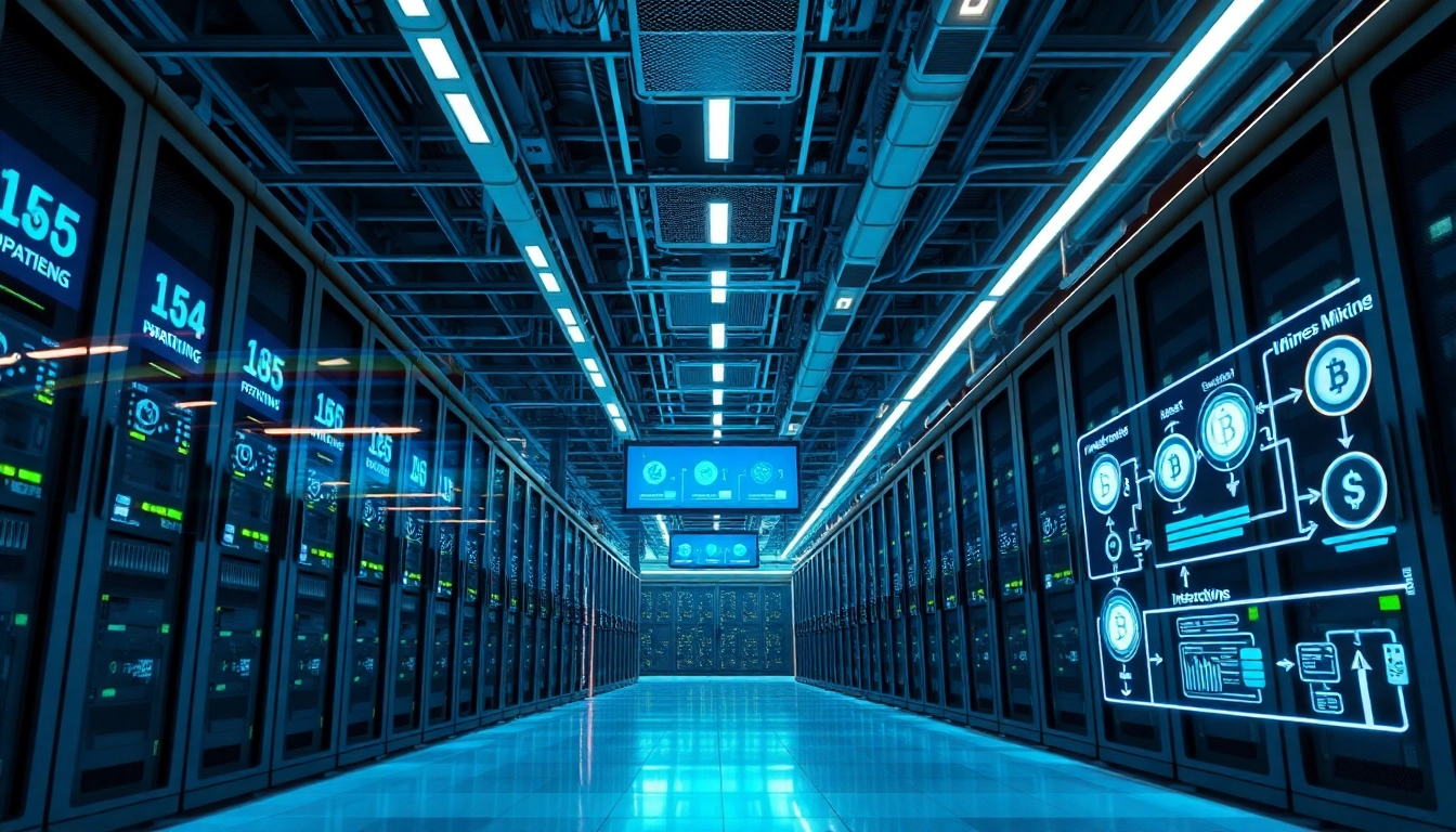 Cloud mining data center showcasing sleek servers and cryptocurrency statistics.