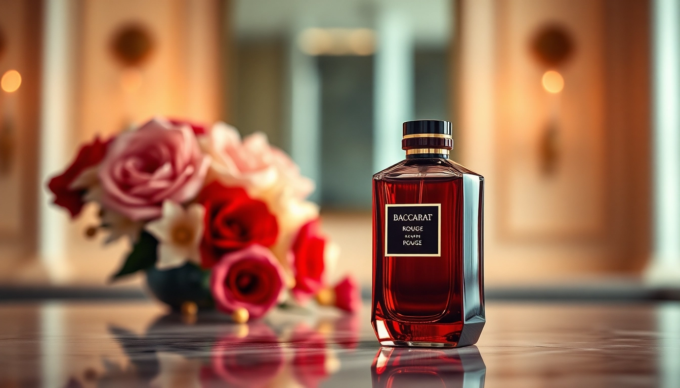 Showcase Baccarat Rouge perfume bottle elegantly surrounded by soft floral decorations.