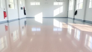 Transform your space with epoxy flooring Peoria, featuring a sleek, glossy finish in a well-lit garage setting.