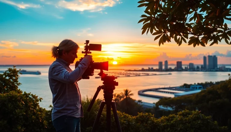 Videographer Tampa FL capturing a stunning sunset view over Tampa Bay with professional gear.