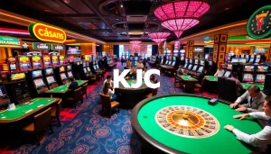 Exciting casino gaming environment at KJC AC with poker tables and slot machines.