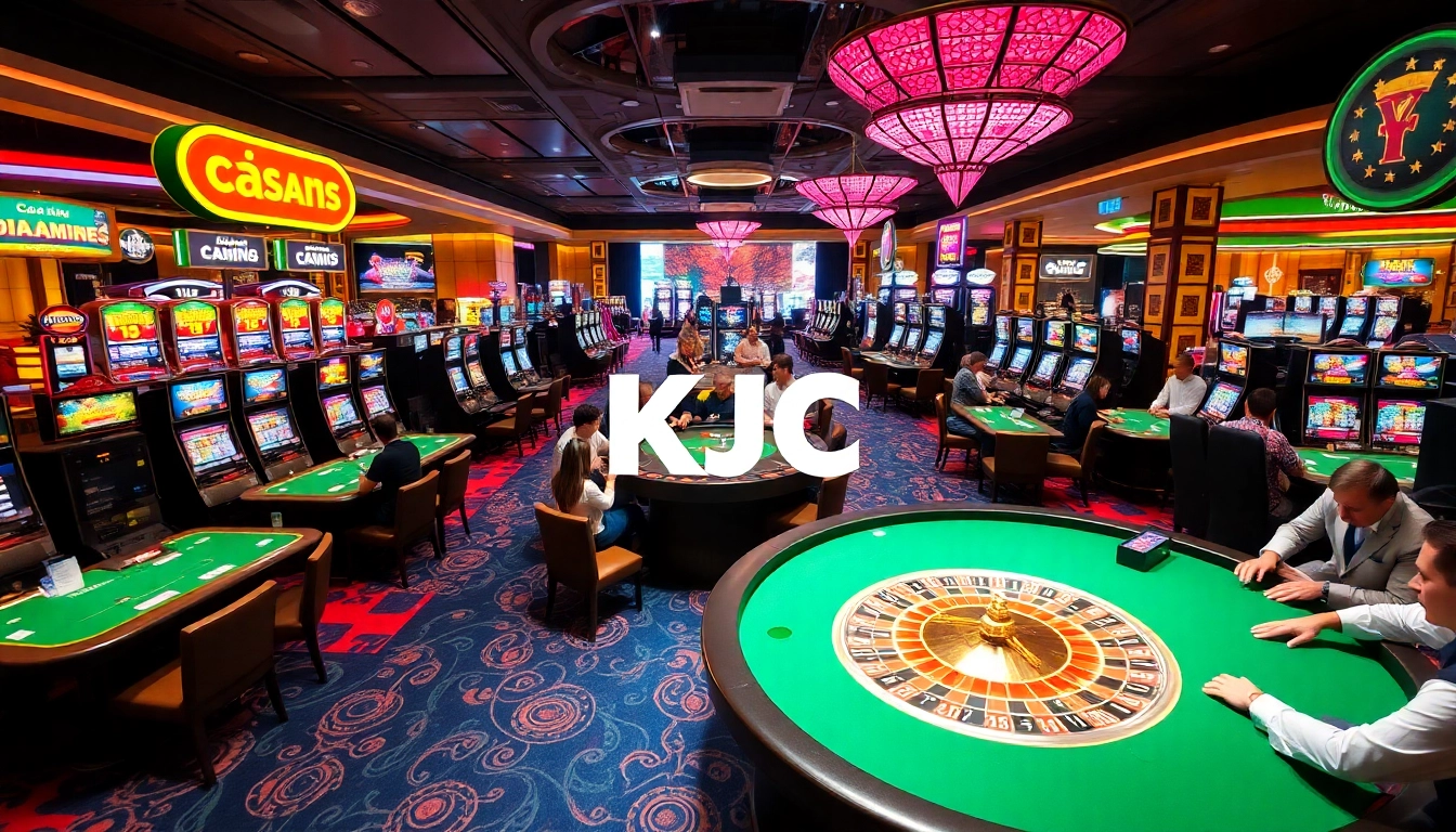 Exciting casino gaming environment at KJC AC with poker tables and slot machines.