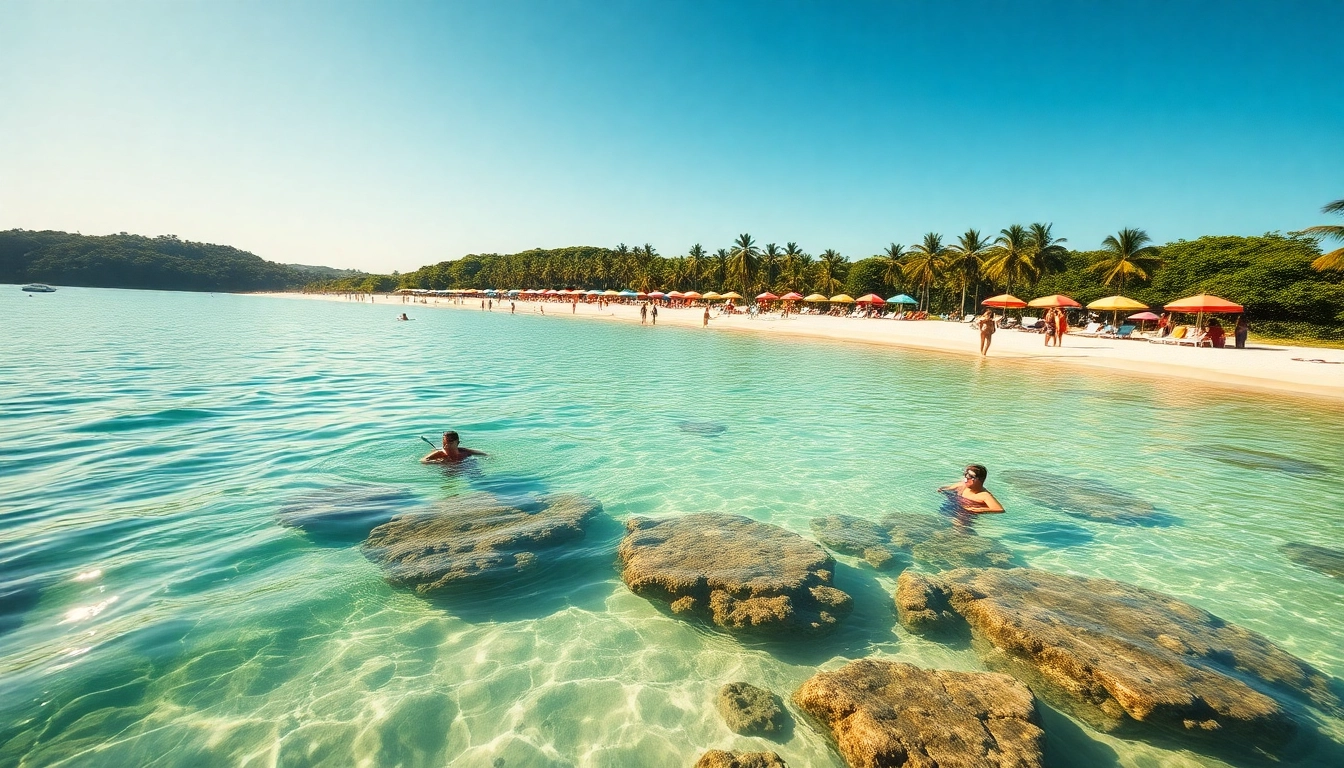 Cena da praia de Paripueira com águas claras, famílias aproveitando o sol e recifes de coral vibrantes.