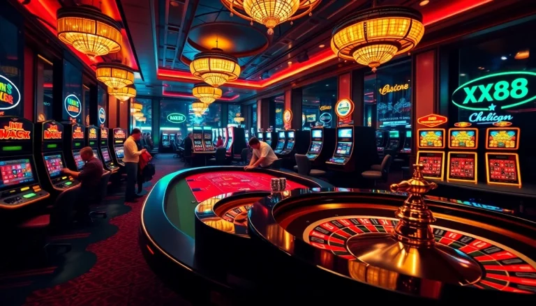 Players enjoying the luxury of XX88 casino games with exciting roulette and poker tables.