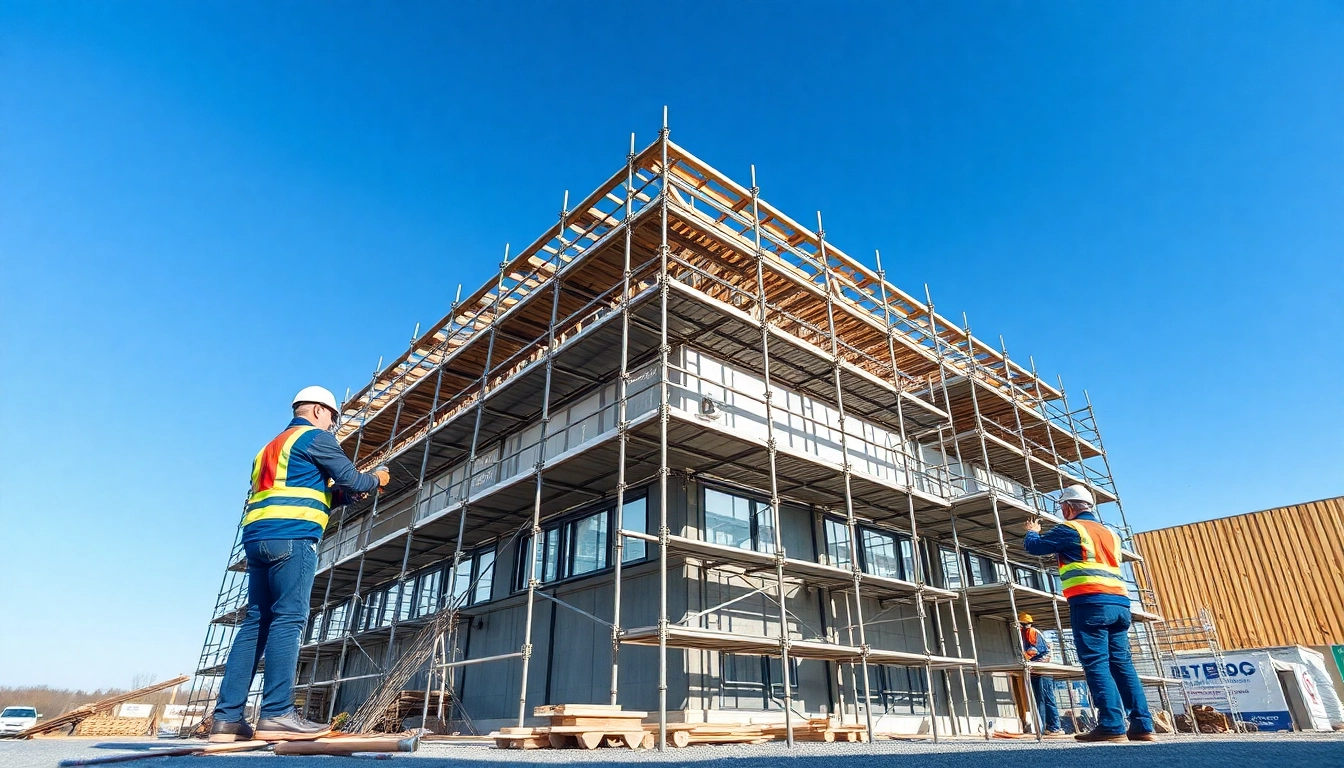 Scaffolders in Bolton efficiently assembling scaffolding structures at a construction site.