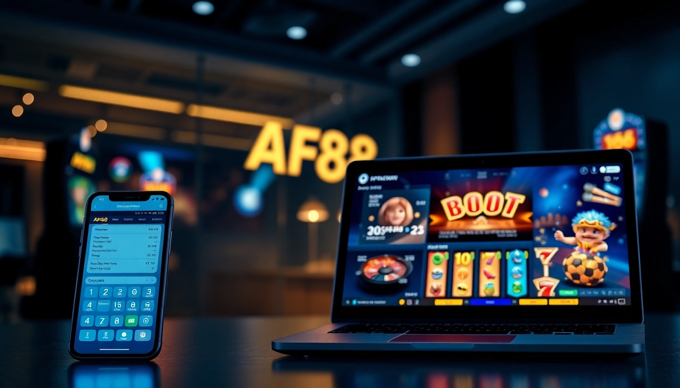 AF88 online gambling platform showcasing sports, casino, and slots on digital devices.