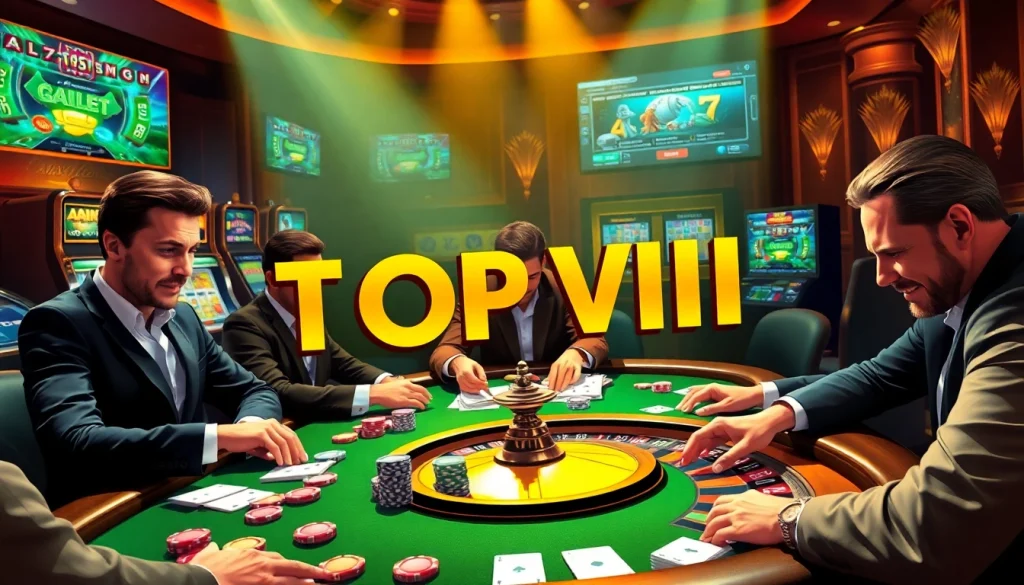 TOP VIP poker players enjoying an intense game at a luxury casino table.