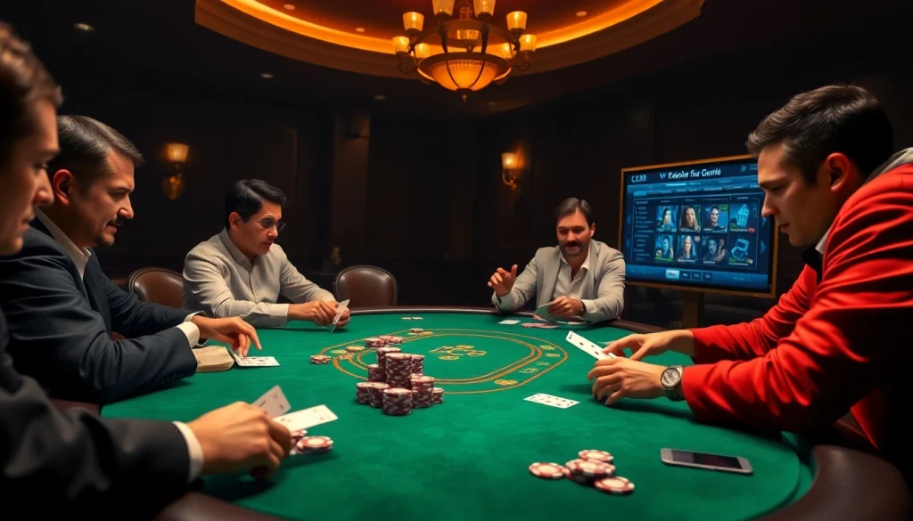 Players strategizing at a high-stakes Lc88 poker table in an elegant casino setting.